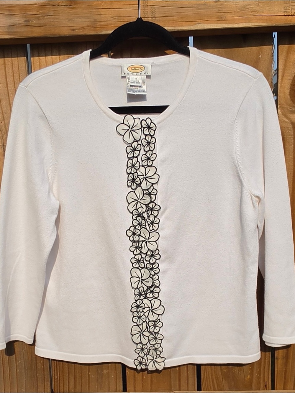 Talbots White Long Sleeve Top with Black Floral Trim